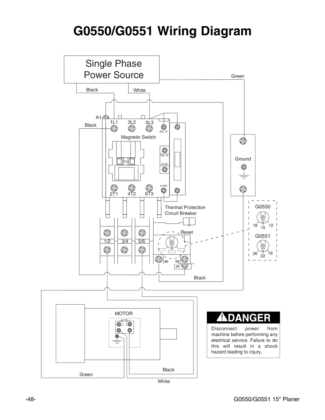 Grizzly instruction manual G0550/G0551 Wiring Diagram, Single Phase Power Source 