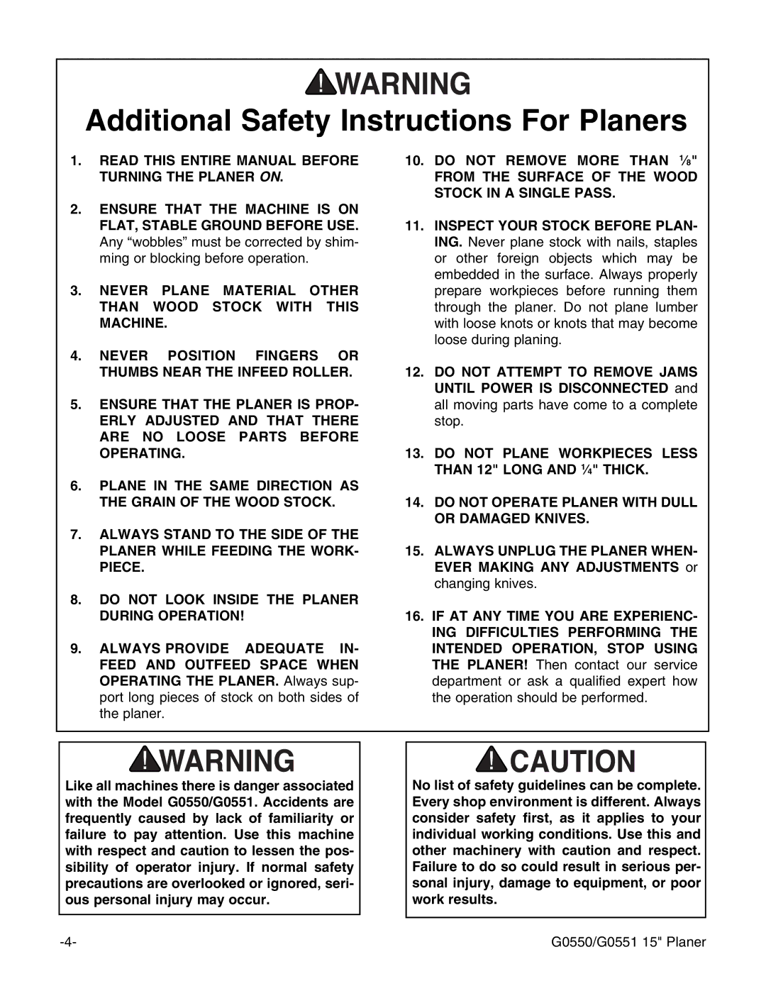 Grizzly G0550/G0551 Additional Safety Instructions For Planers, Read this Entire Manual Before Turning the Planer on 