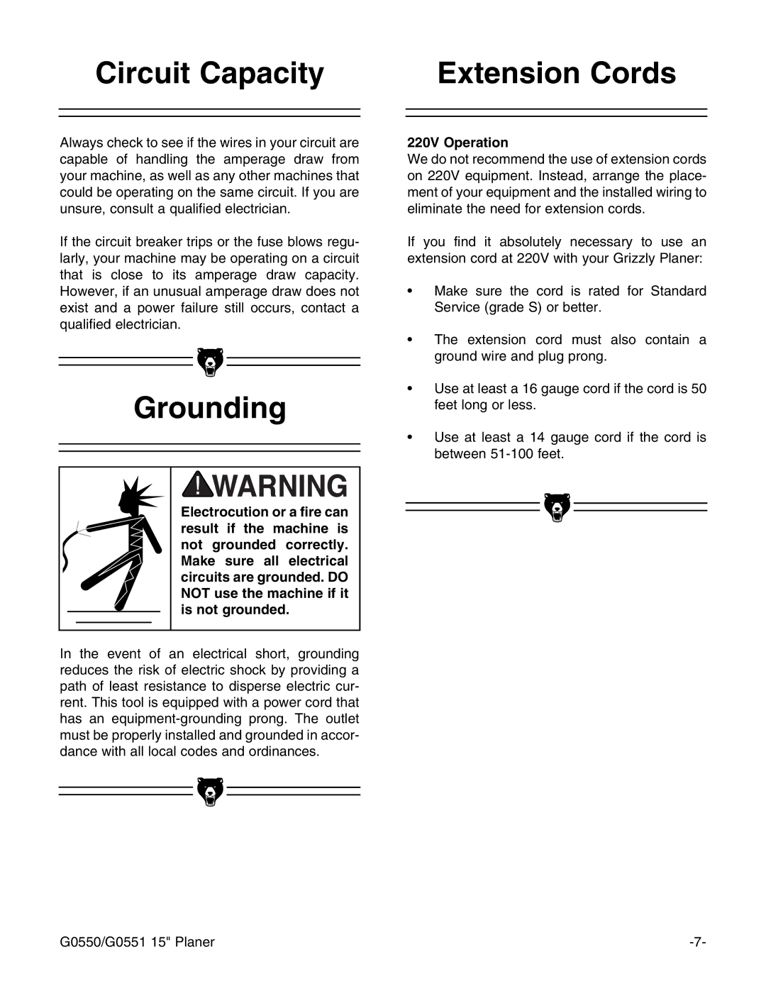 Grizzly G0550/G0551 instruction manual Circuit Capacity Extension Cords, Grounding, 220V Operation 