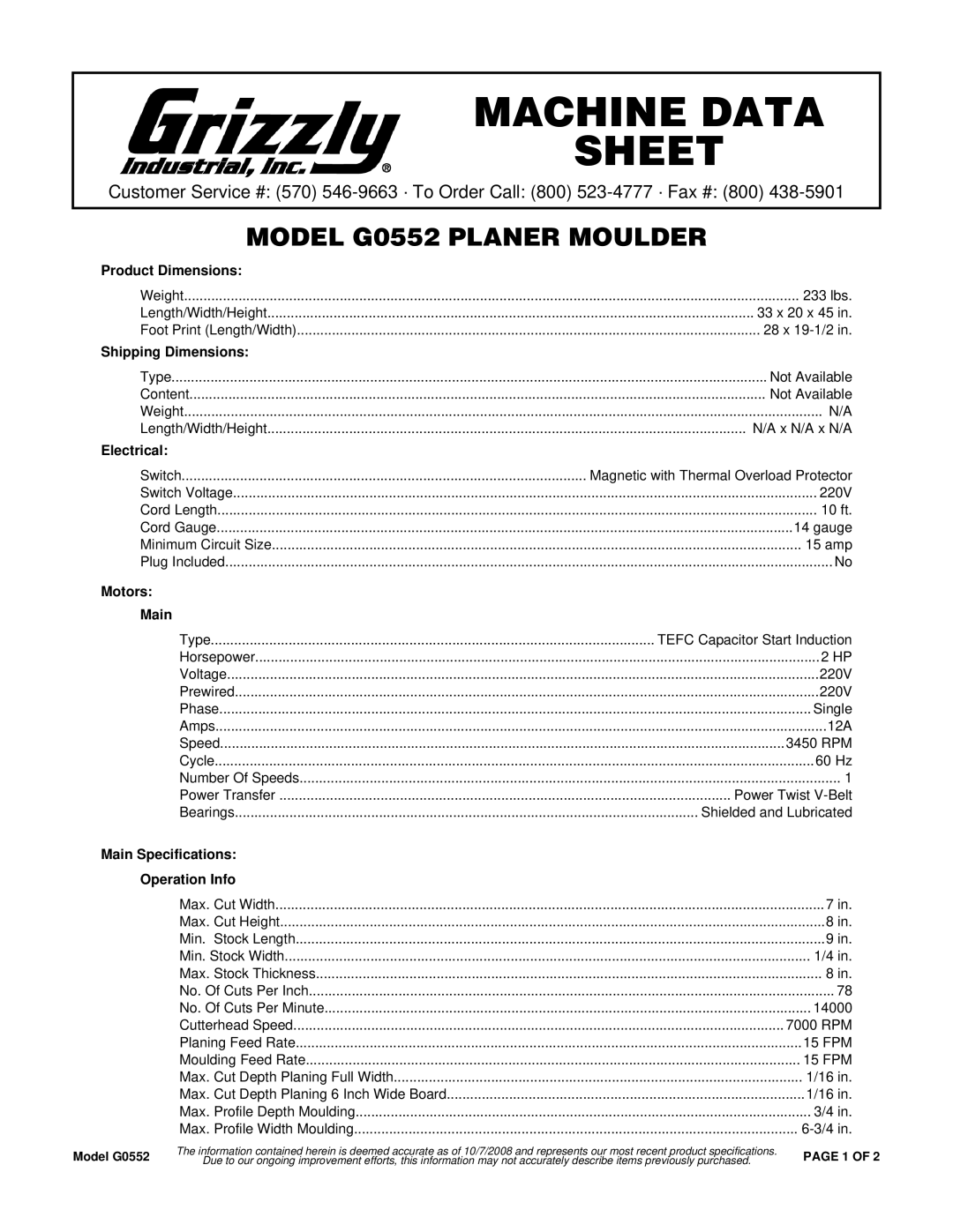 Grizzly G0552 specifications Product Dimensions, Shipping Dimensions, Electrical, Motors Main 