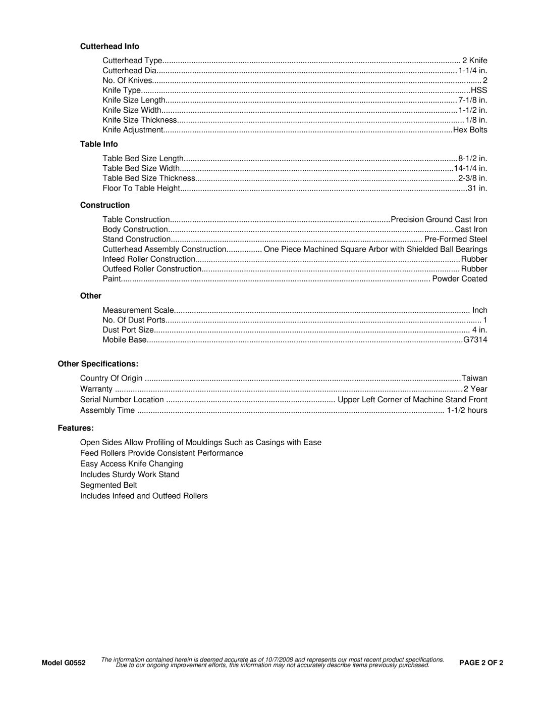 Grizzly G0552 specifications Cutterhead Info, Table Info, Construction, Other Specifications, Features 