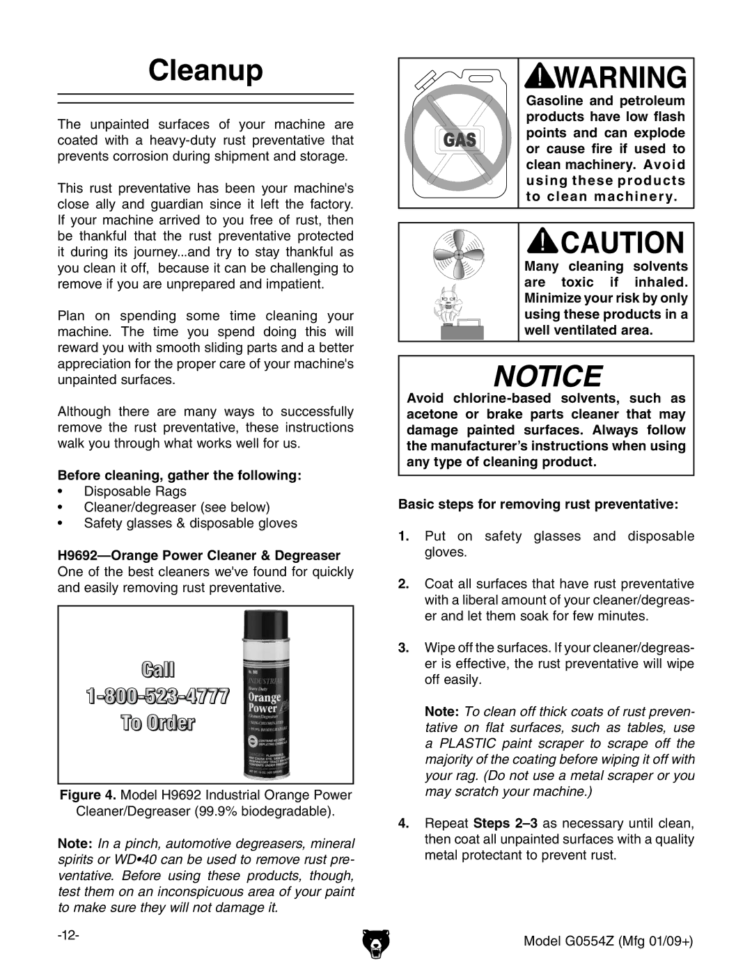 Grizzly G0554Z owner manual Cleanup, Before cleaning, gather the following 