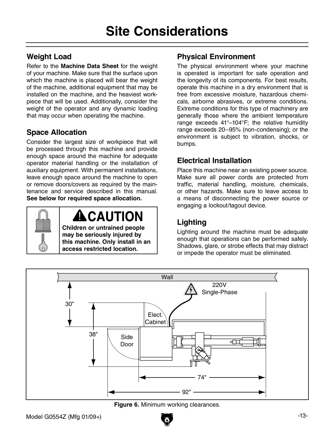 Grizzly G0554Z owner manual Site Considerations 