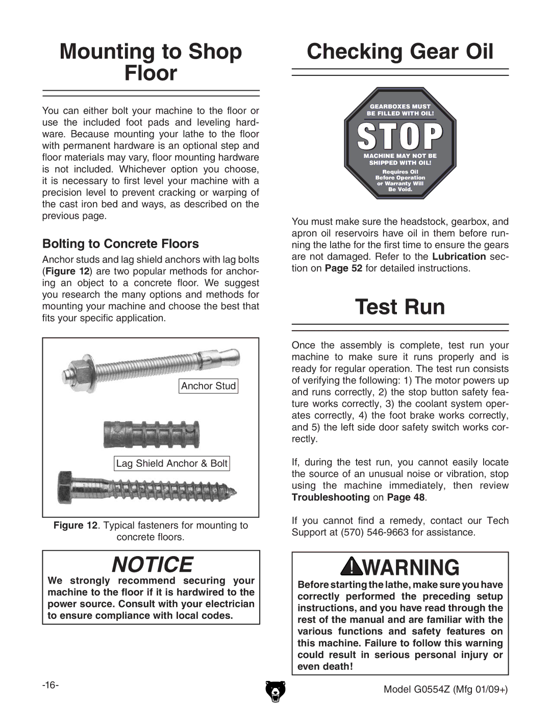 Grizzly G0554Z owner manual Mounting to Shop Floor, Checking Gear Oil, Test Run, Bolting to Concrete Floors 