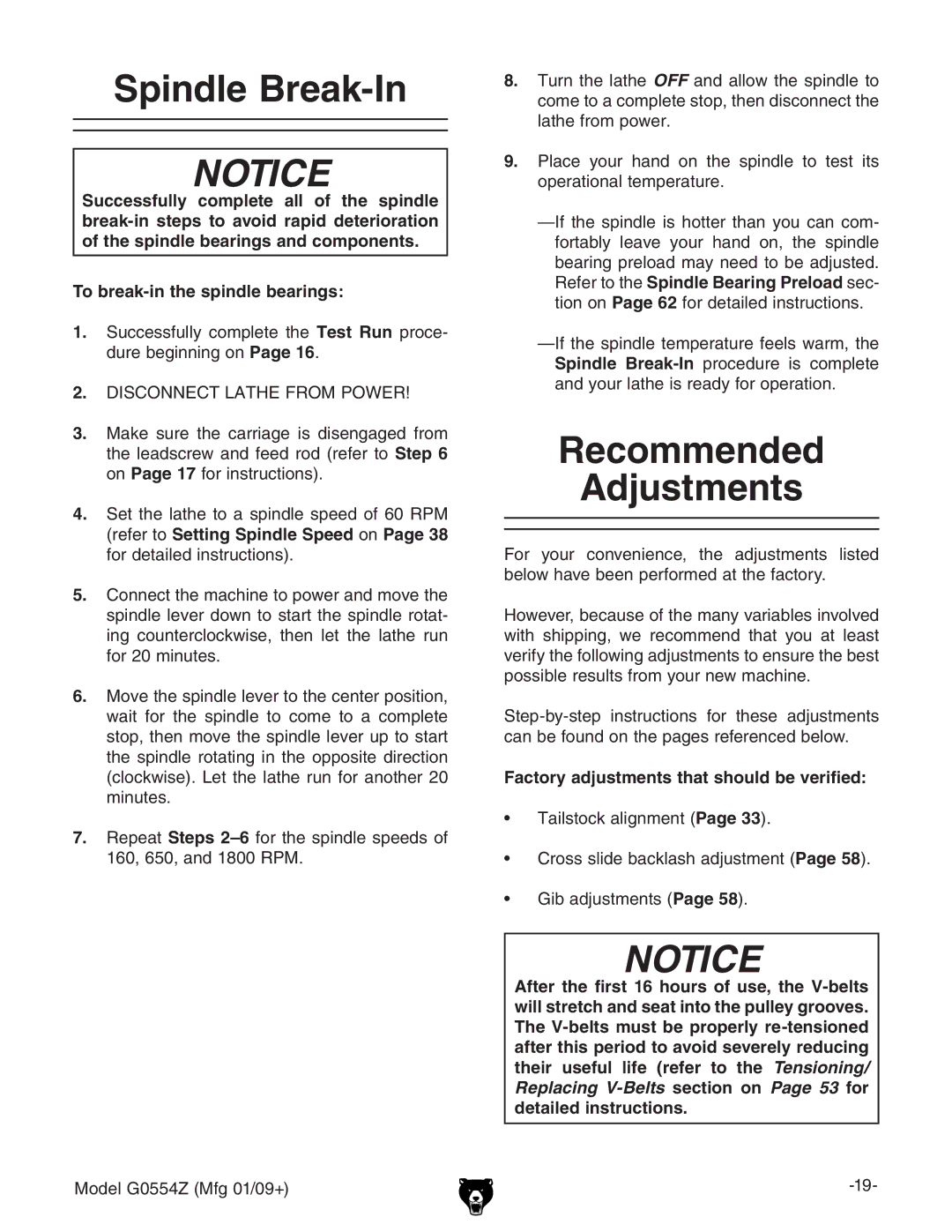 Grizzly G0554Z owner manual Spindle Break-In, Recommended Adjustments, Factory adjustments that should be verified 