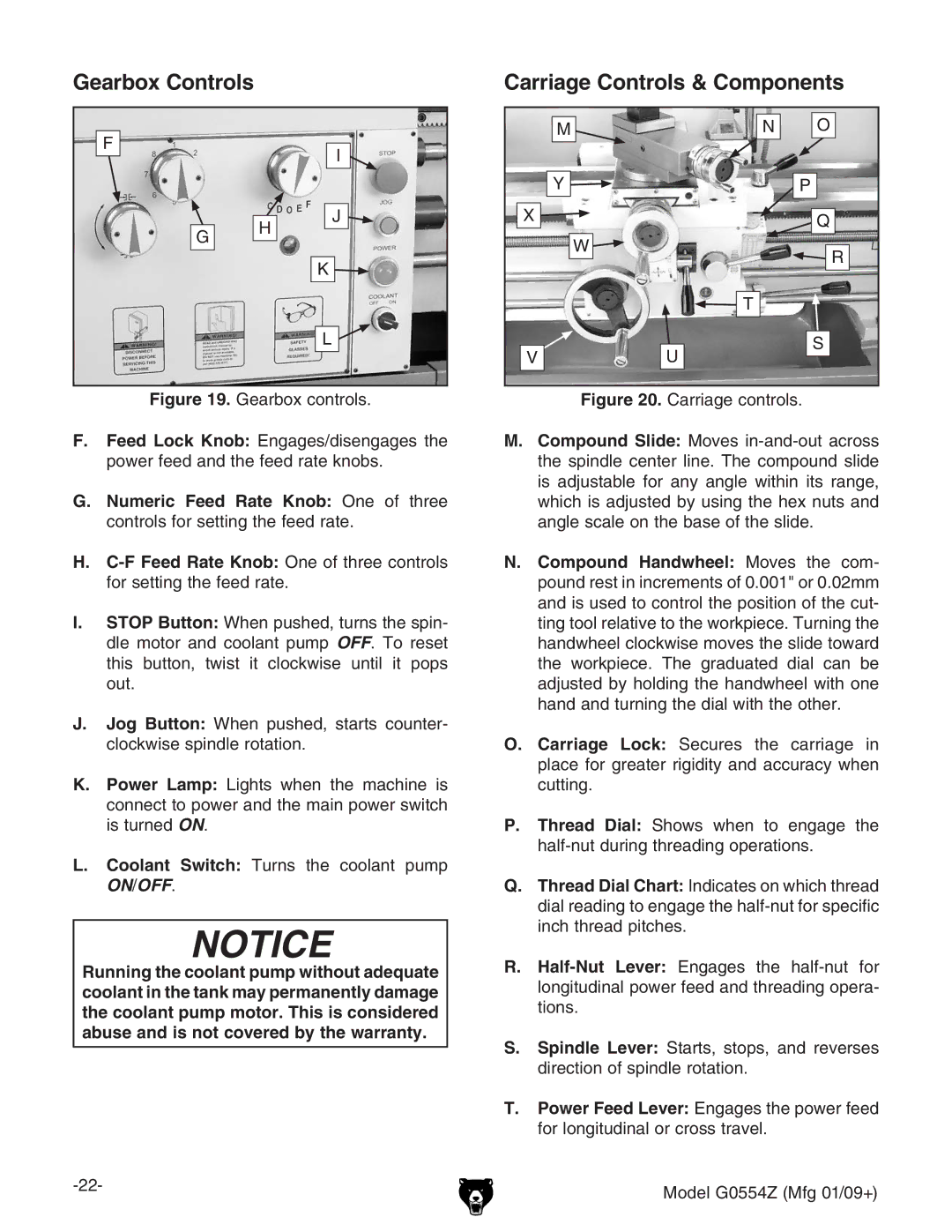 Grizzly G0554Z owner manual Gearbox Controls Carriage Controls & Components, On/Off 