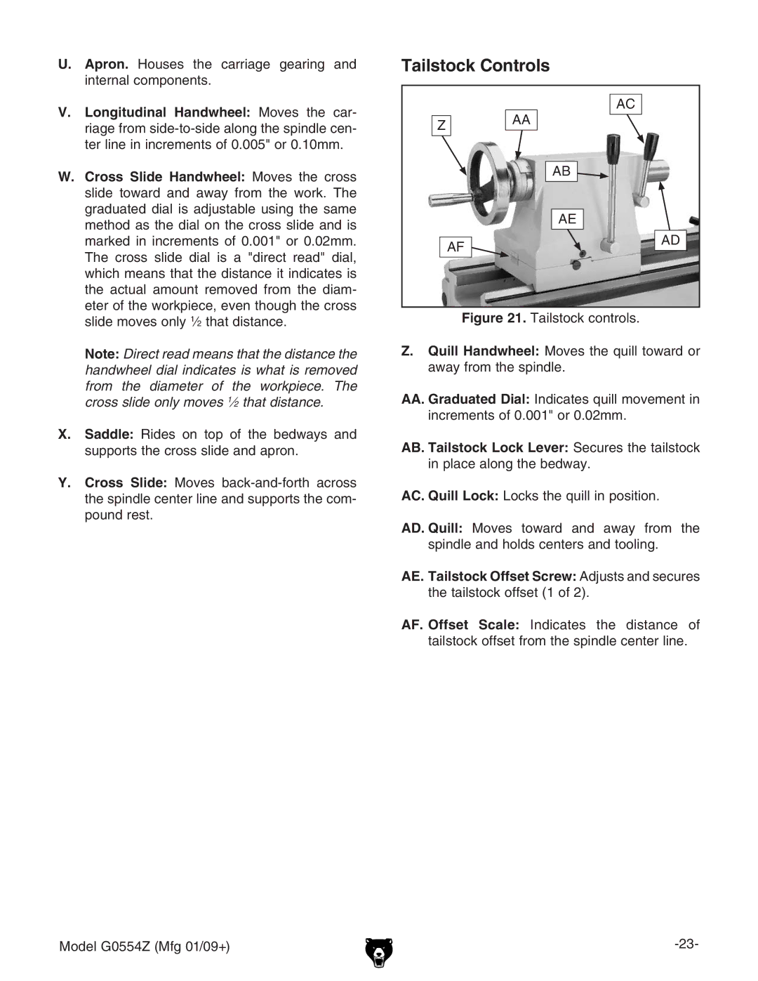 Grizzly G0554Z owner manual Tailstock Controls 