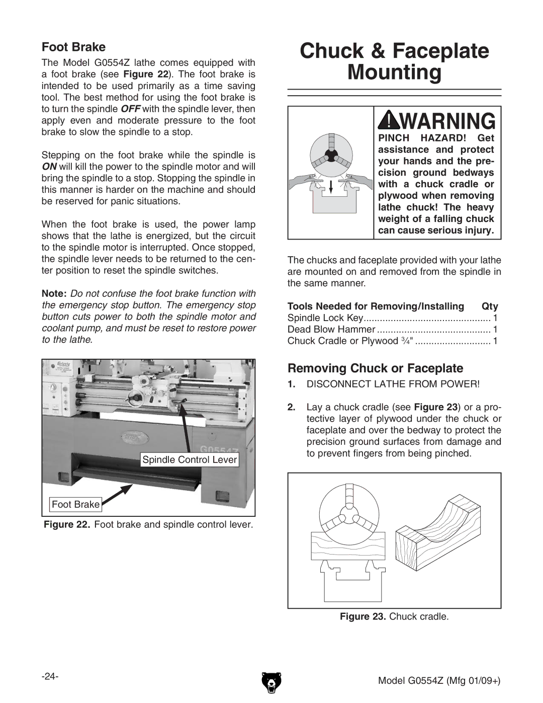 Grizzly G0554Z owner manual Chuck & Faceplate Mounting, Foot Brake, Removing Chuck or Faceplate 