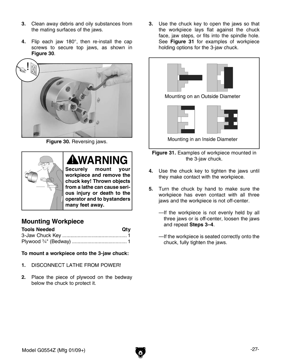 Grizzly G0554Z owner manual Mounting Workpiece, To mount a workpiece onto the 3-jaw chuck 