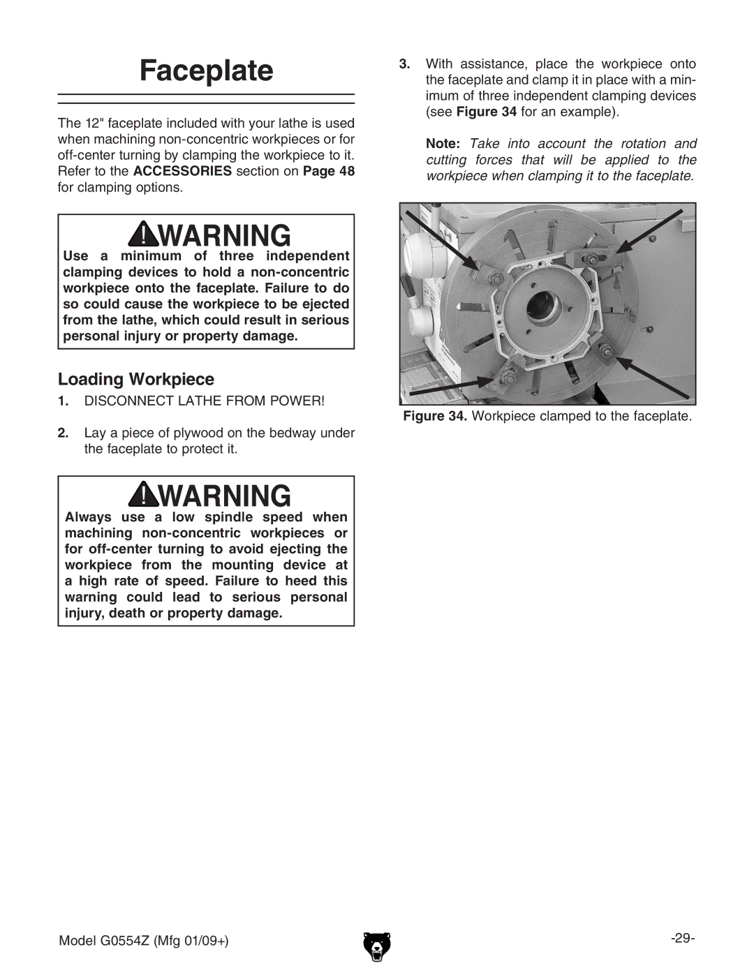 Grizzly G0554Z owner manual Faceplate, Loading Workpiece 