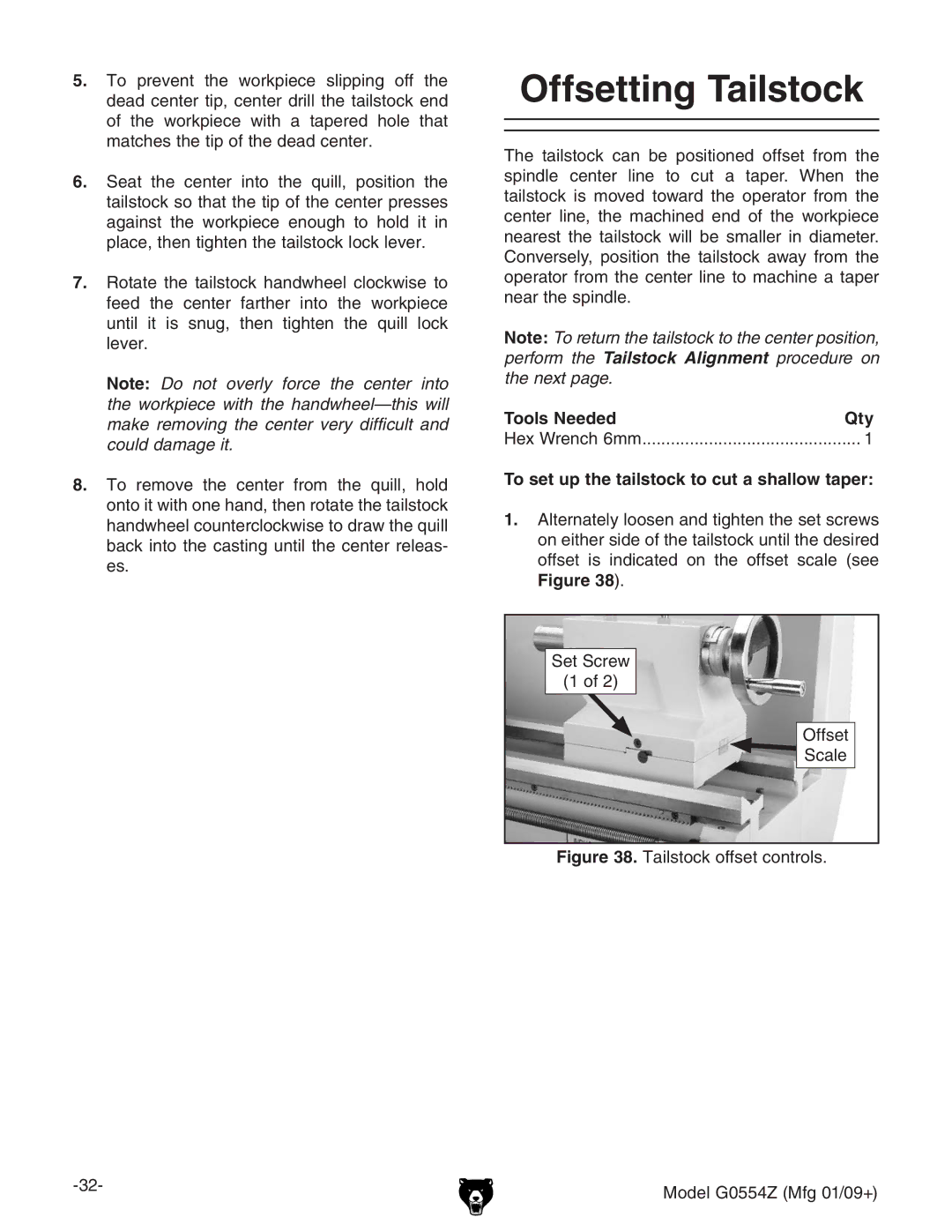 Grizzly G0554Z owner manual Offsetting Tailstock, To set up the tailstock to cut a shallow taper 