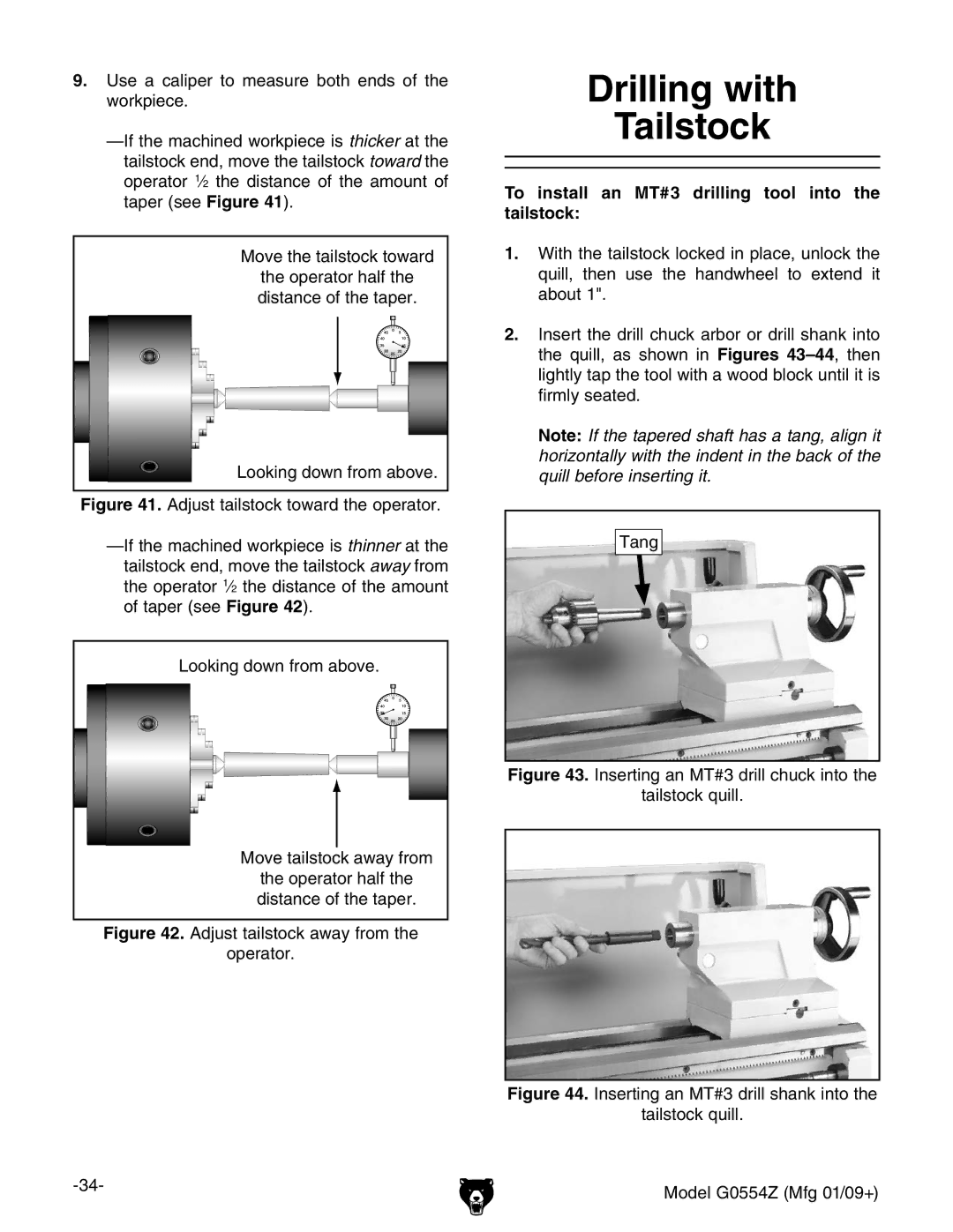 Grizzly G0554Z owner manual Drilling with Tailstock, To install an MT#3 drilling tool into the tailstock 