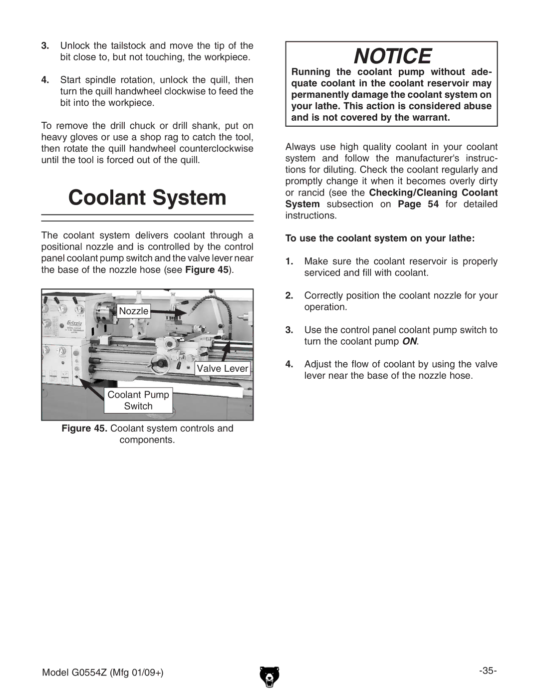 Grizzly G0554Z owner manual Coolant System, To use the coolant system on your lathe 