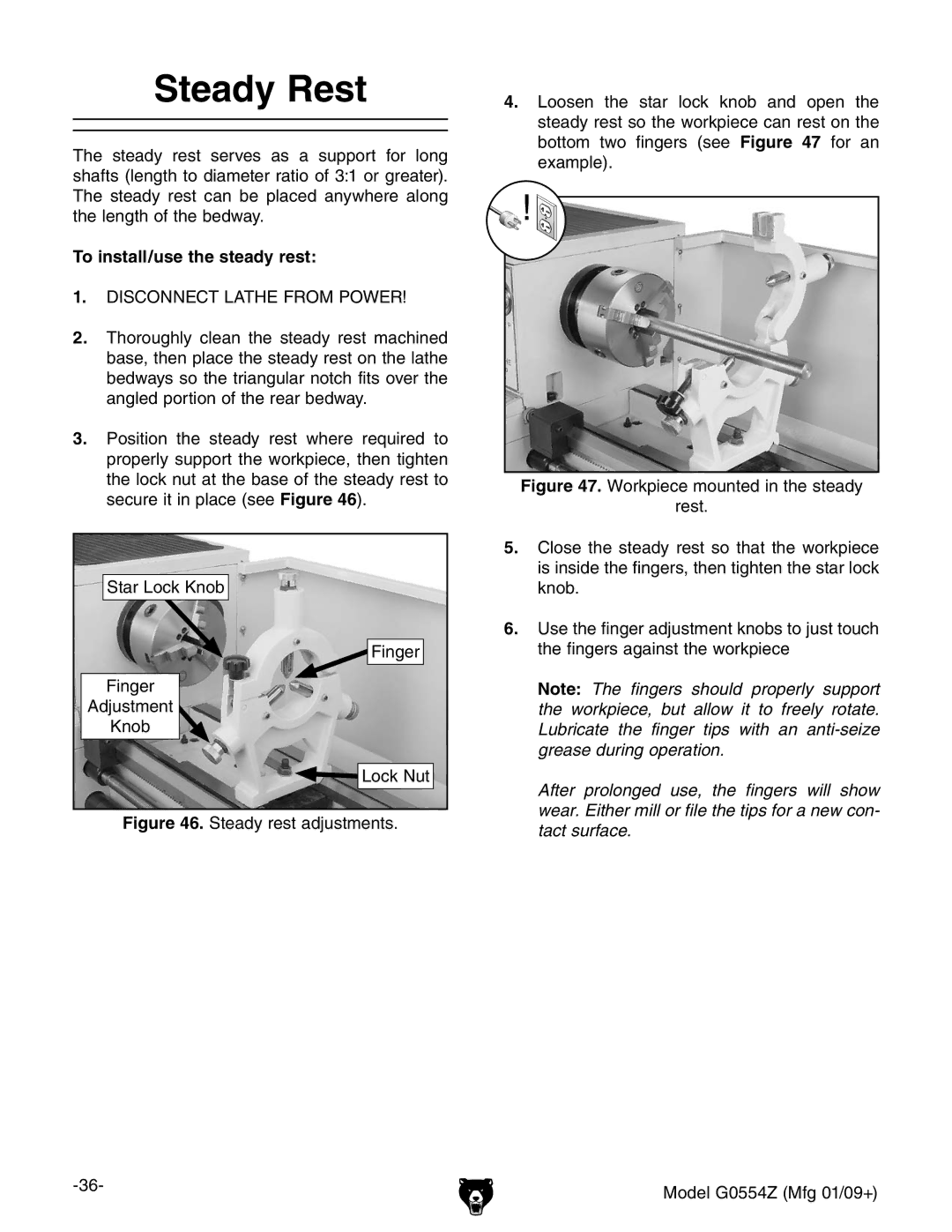 Grizzly G0554Z owner manual Steady Rest, To install/use the steady rest 