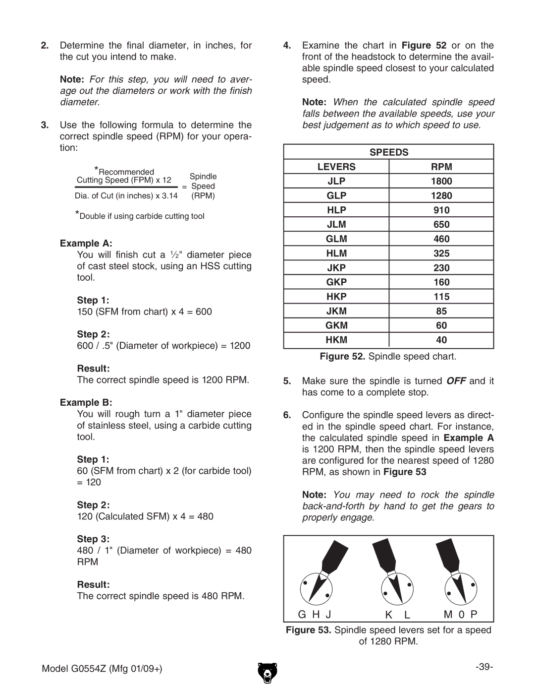 Grizzly G0554Z owner manual Example a, Step, Result, Example B, 1800, 1280, 910, 650, 460, 325, 230, 160, 115 