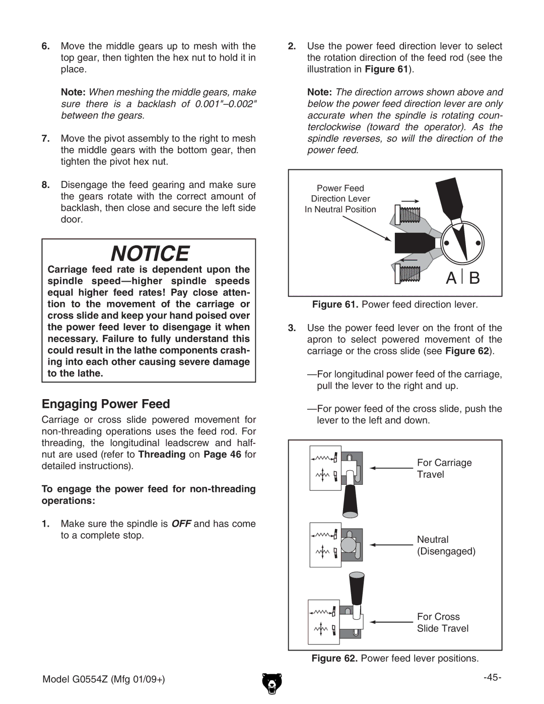 Grizzly G0554Z owner manual Engaging Power Feed, To engage the power feed for non-threading operations 