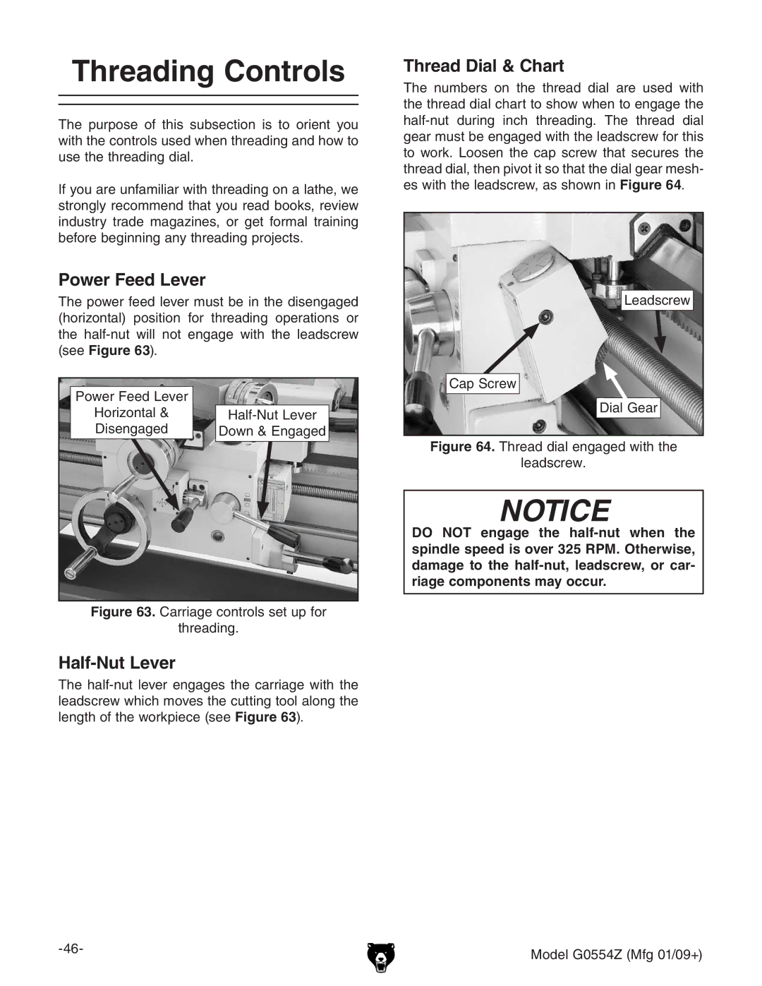 Grizzly G0554Z owner manual Threading Controls, Power Feed Lever, Half-Nut Lever, Thread Dial & Chart 