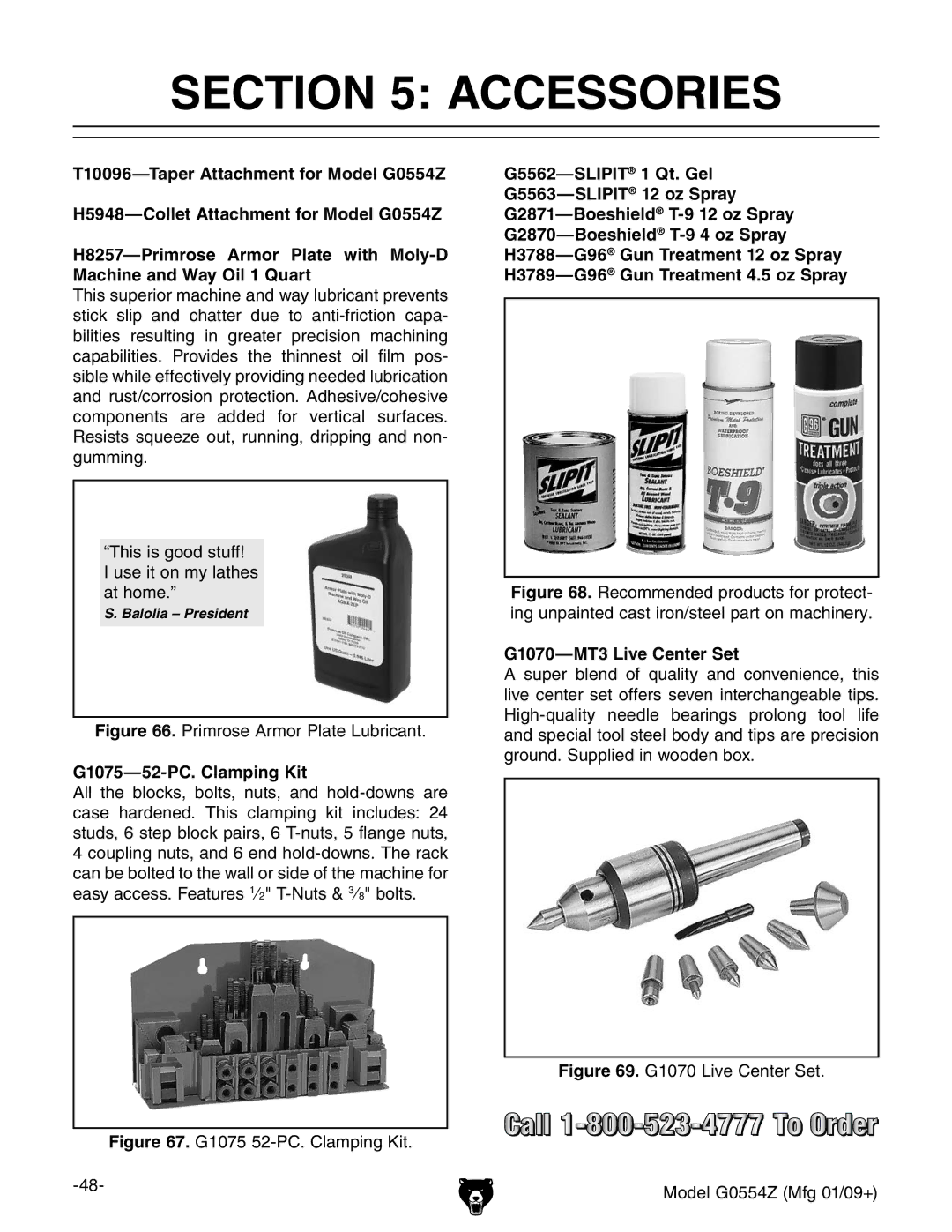 Grizzly G0554Z owner manual Accessories, G1075-52-PC. Clamping Kit, G1070-MT3 Live Center Set 