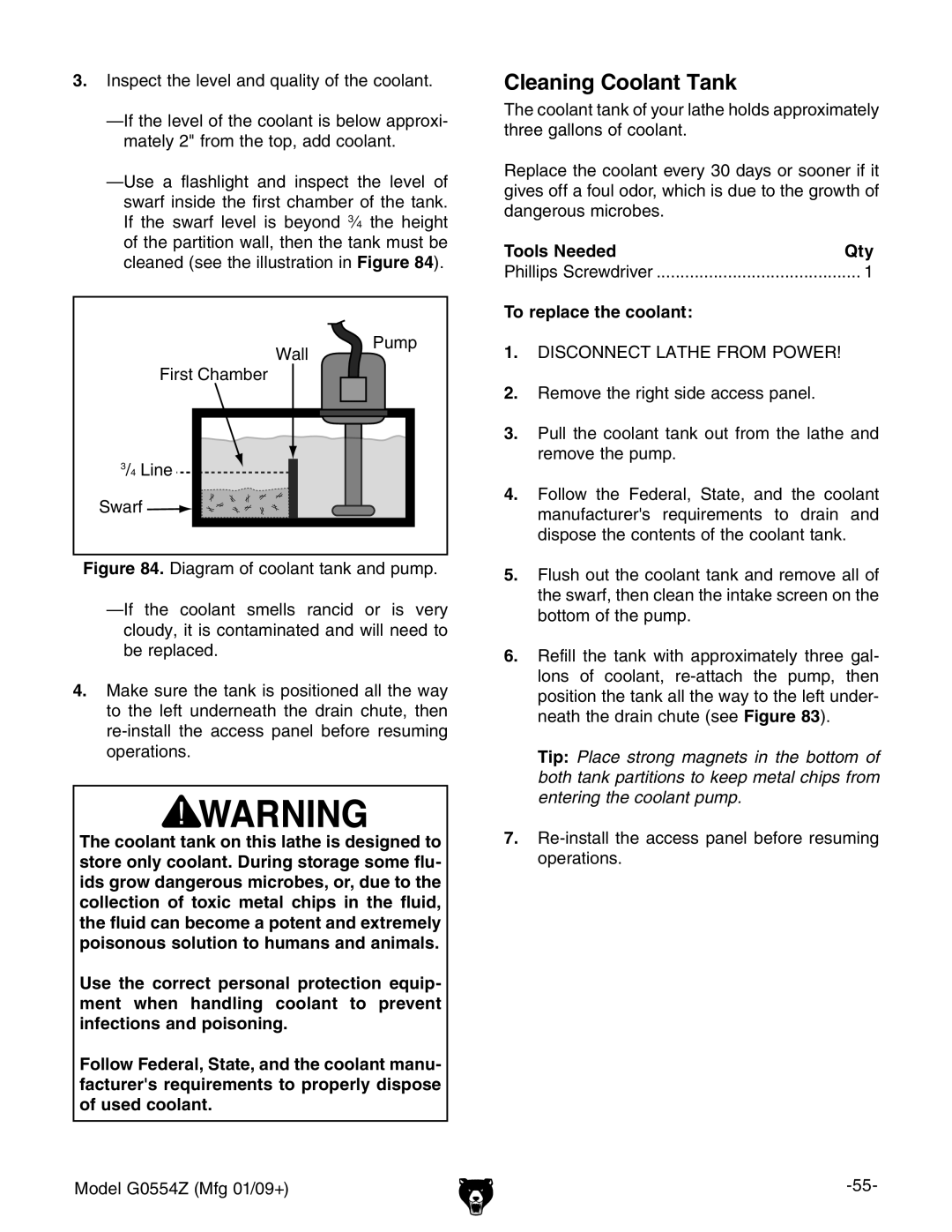 Grizzly G0554Z owner manual Cleaning Coolant Tank, To replace the coolant 