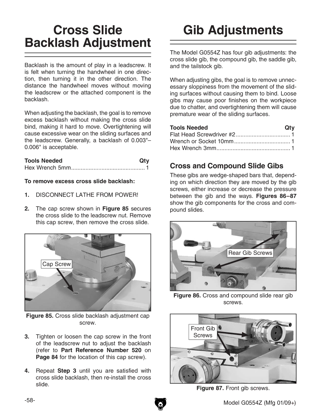 Grizzly G0554Z owner manual Cross Slide Backlash Adjustment, Gib Adjustments, Cross and Compound Slide Gibs 