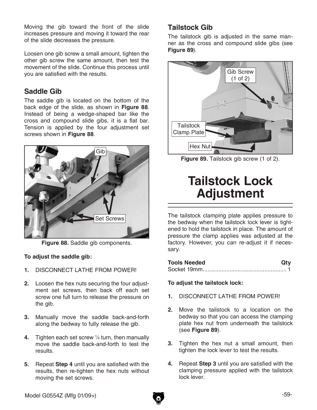 Grizzly G0554Z owner manual Tailstock Lock Adjustment, Saddle Gib, Tailstock Gib, To adjust the saddle gib 