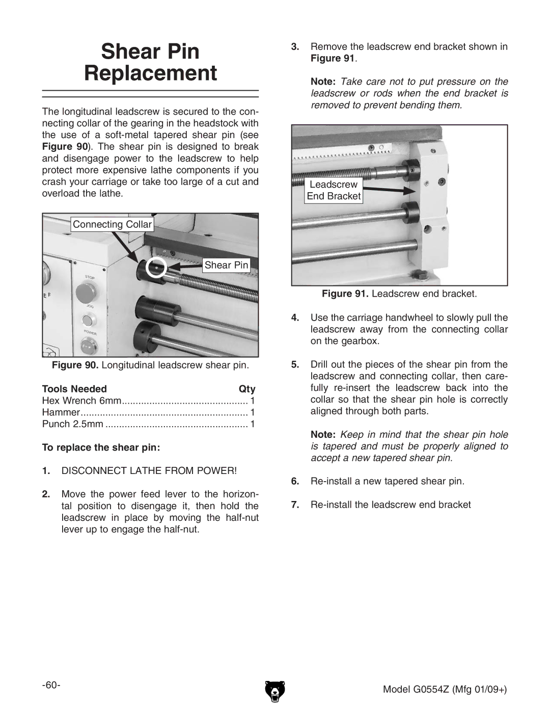 Grizzly G0554Z owner manual Shear Pin Replacement, To replace the shear pin 