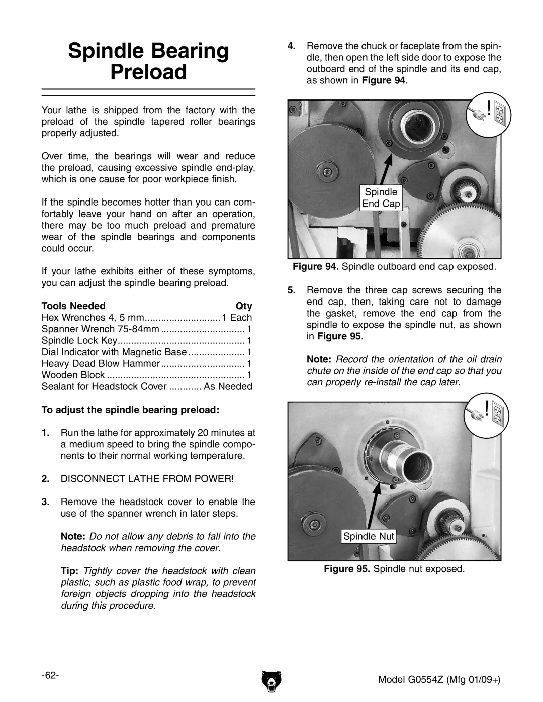 Grizzly G0554Z owner manual Spindle Bearing Preload, To adjust the spindle bearing preload 