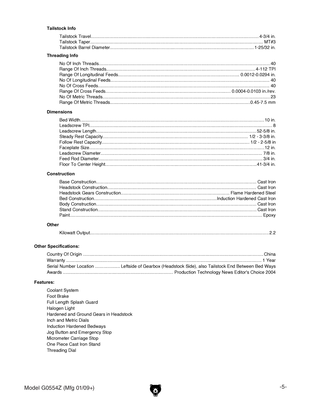 Grizzly G0554Z owner manual Tailstock Info 