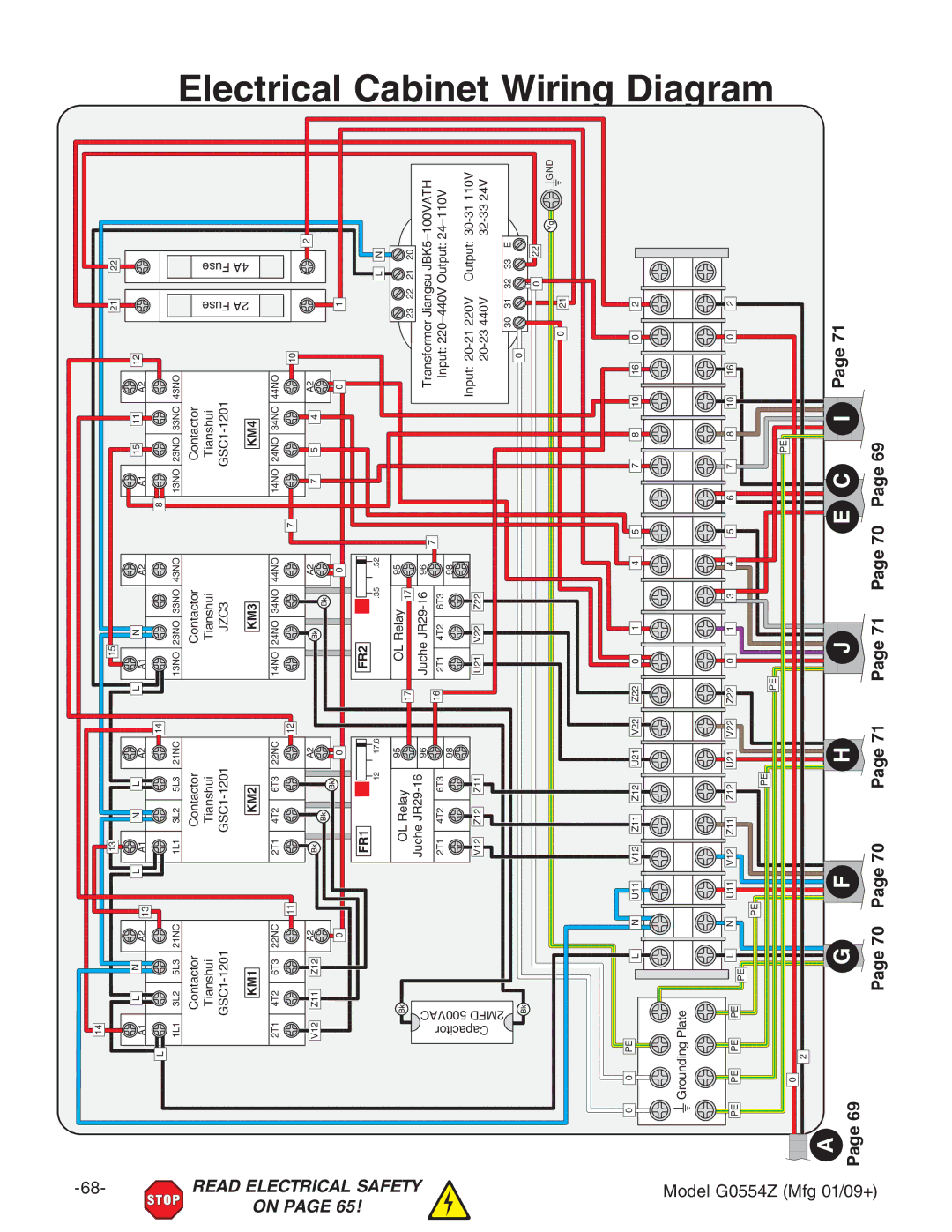 Grizzly G0554Z owner manual Cabinet wiring diagram Electrical Cabinet Wiring Diagram, Page 70 