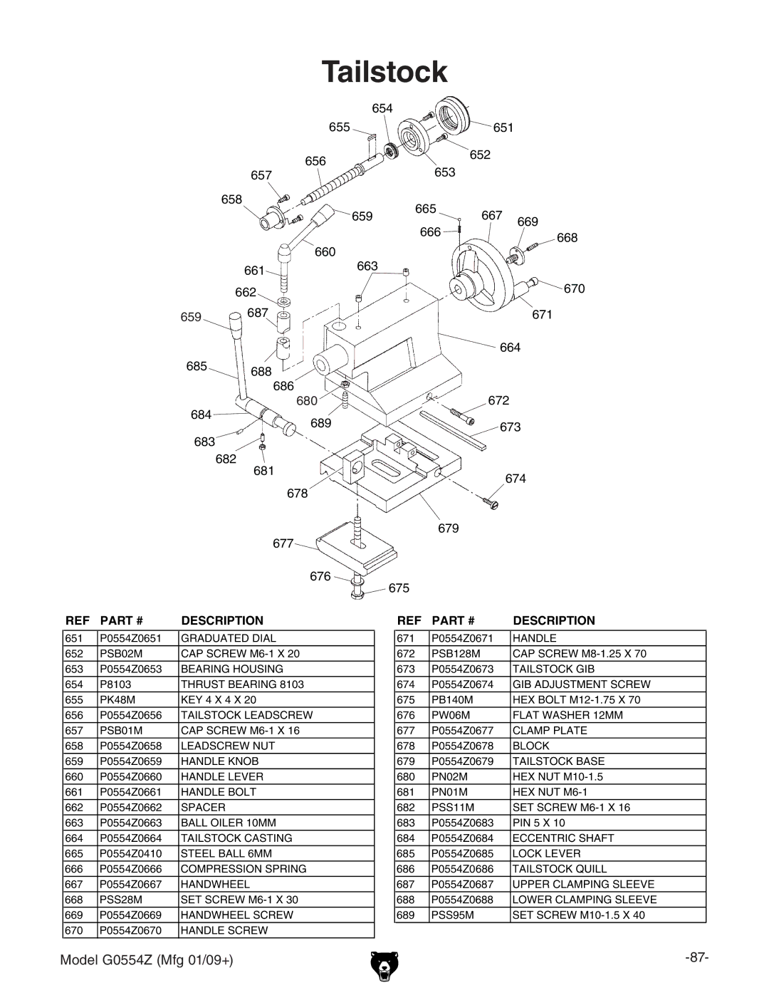 Grizzly G0554Z owner manual Tailstock Leadscrew 