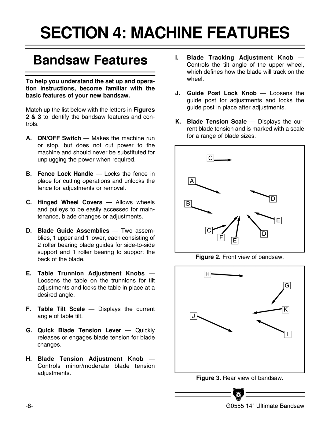 Grizzly G0555 instruction manual Machine Features, Bandsaw Features 