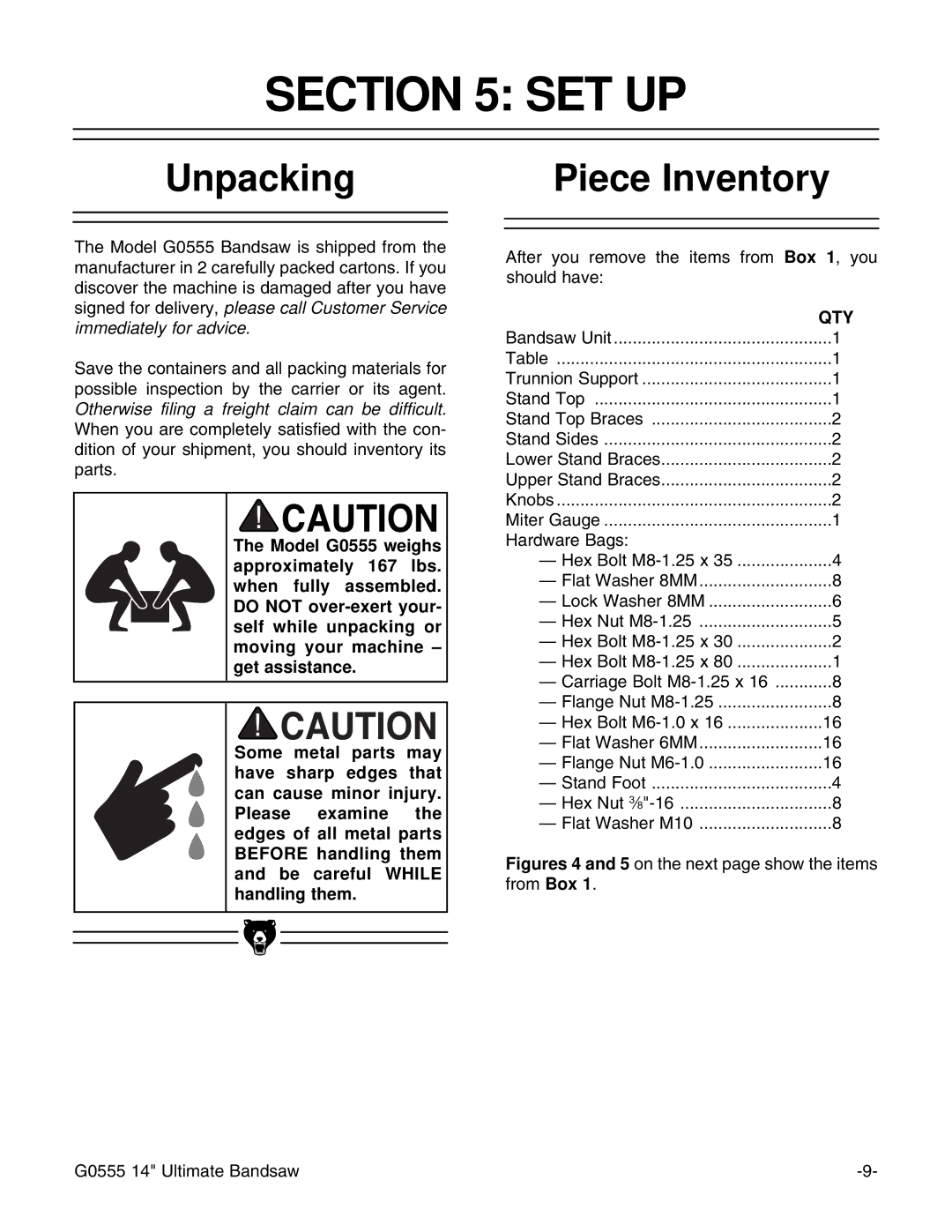 Grizzly G0555 instruction manual Set Up, Unpacking, Piece Inventory 