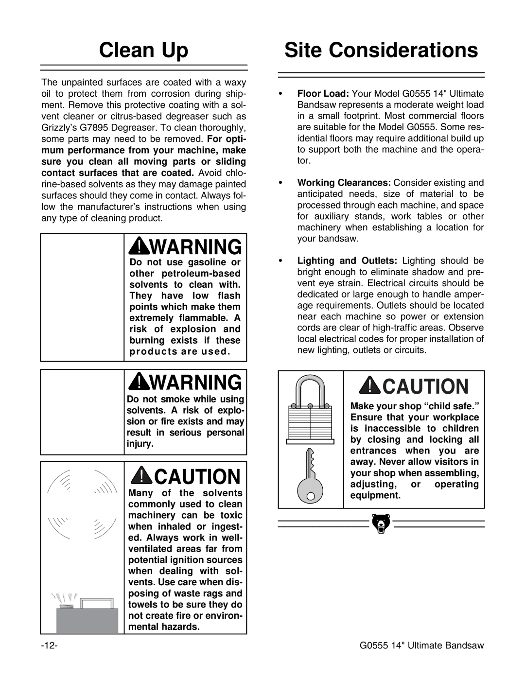 Grizzly G0555 instruction manual Clean Up, Site Considerations 