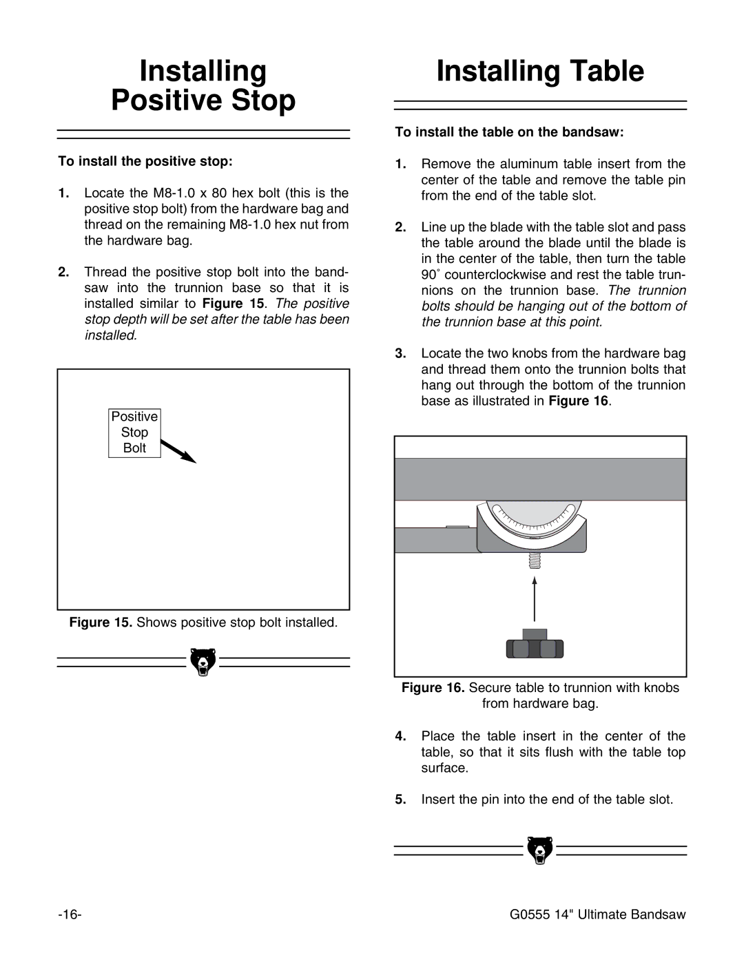 Grizzly G0555 Installing Table, Positive Stop, To install the table on the bandsaw, To install the positive stop 