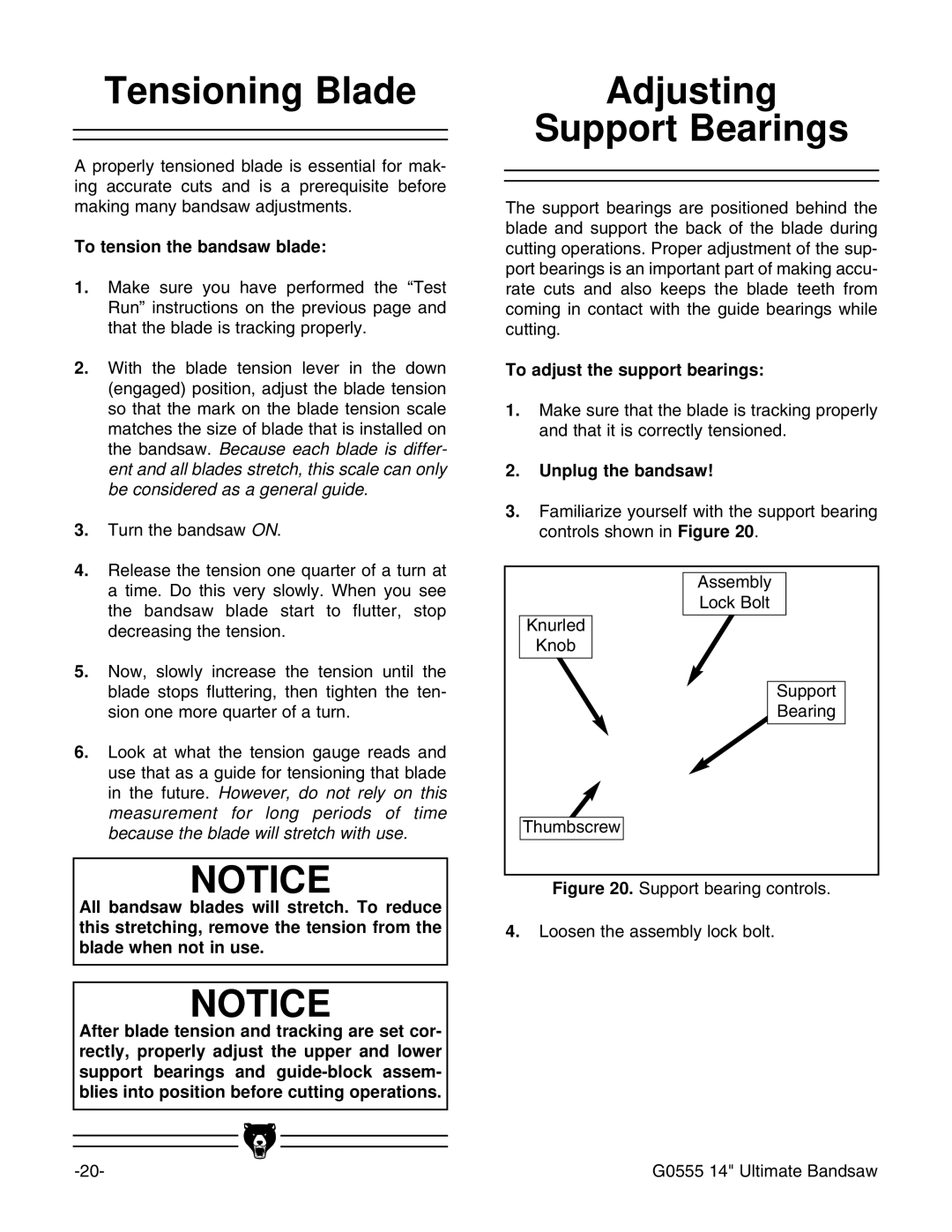 Grizzly G0555 Tensioning Blade, Adjusting Support Bearings, To tension the bandsaw blade, To adjust the support bearings 