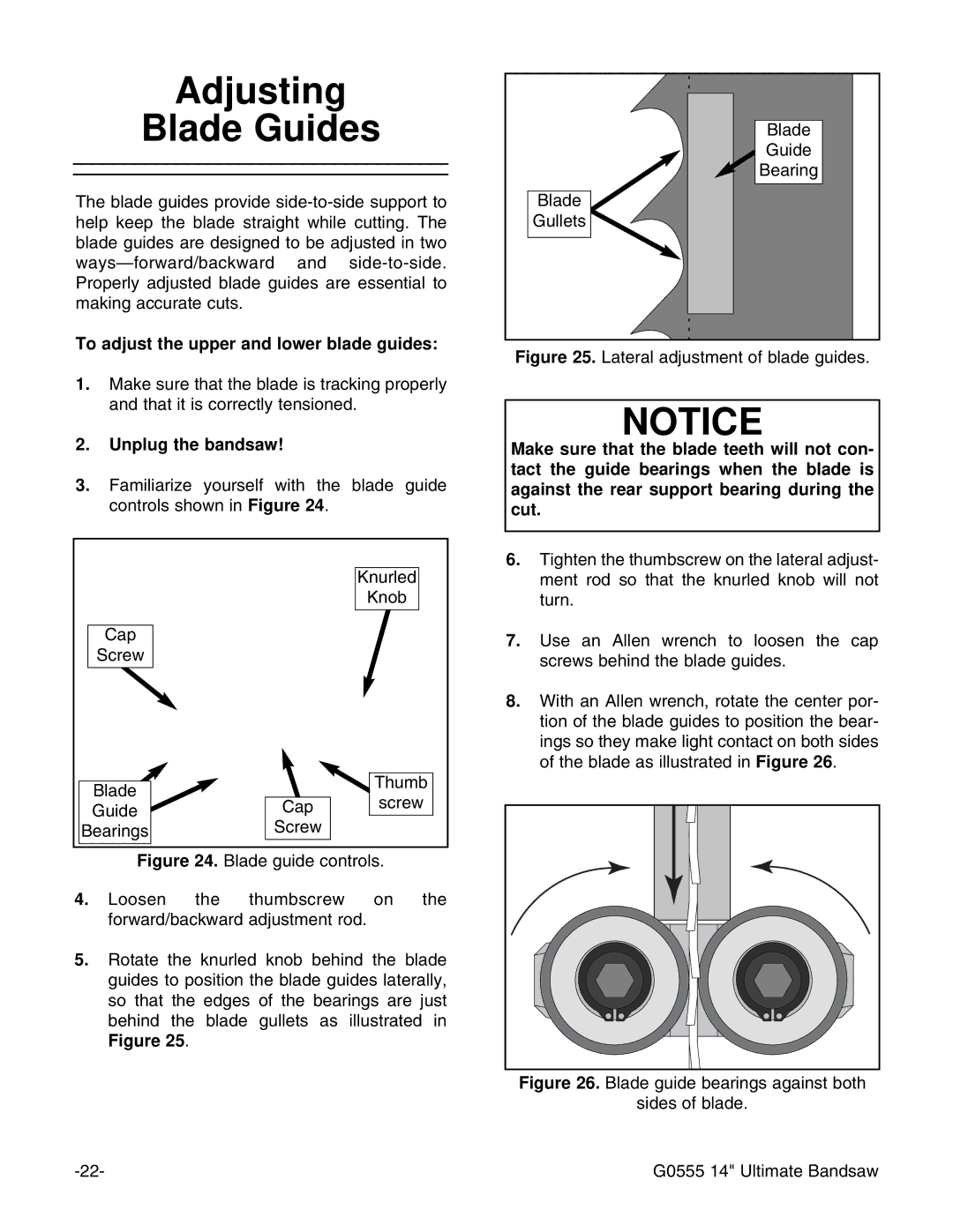 Grizzly G0555 instruction manual Adjusting Blade Guides, To adjust the upper and lower blade guides 