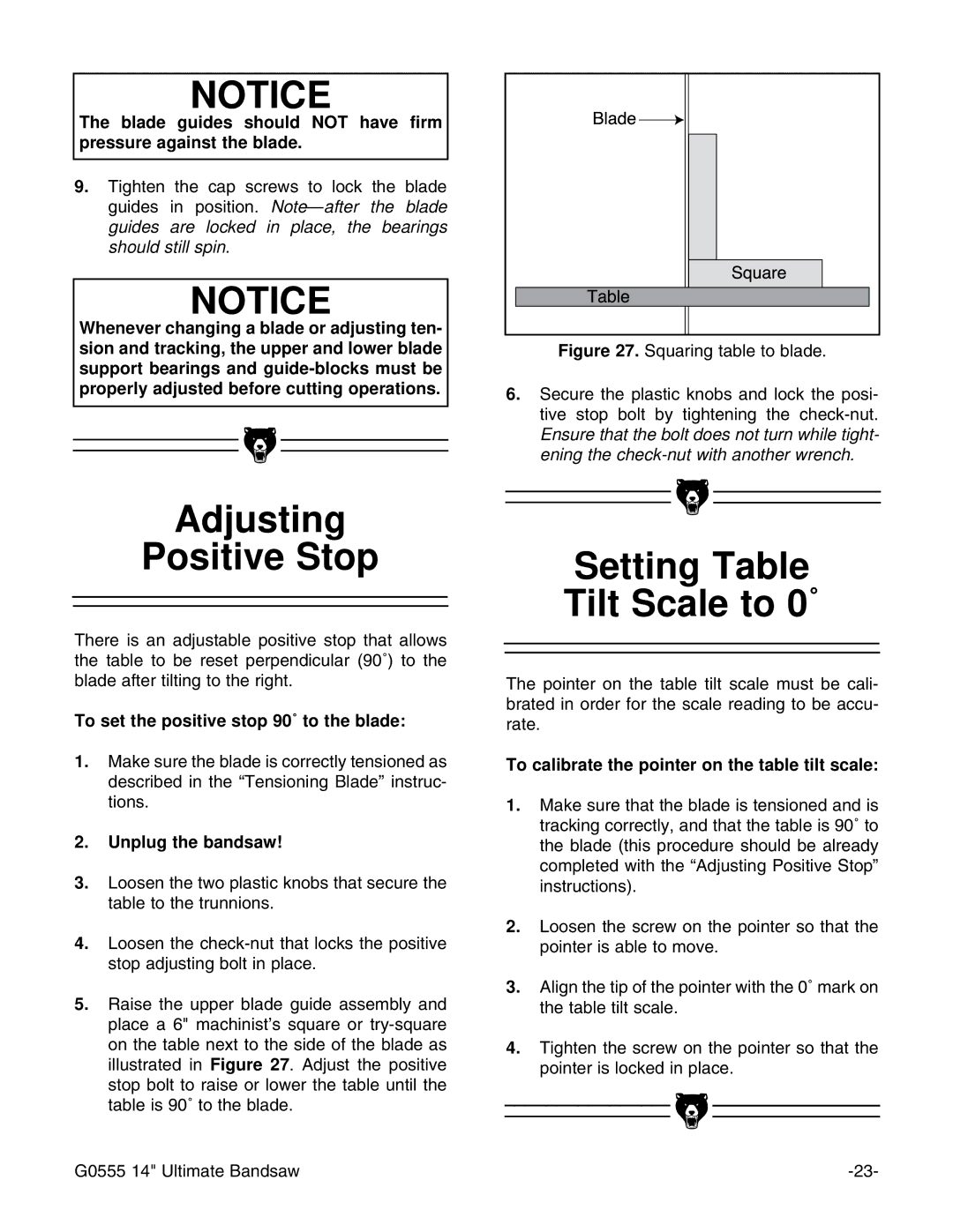 Grizzly G0555 Adjusting Positive Stop, Setting Table Tilt Scale to 0˚, To set the positive stop 90˚ to the blade 