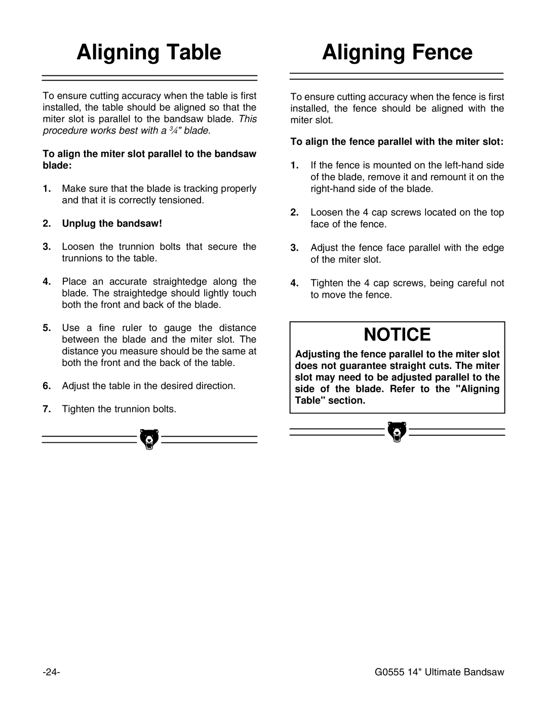 Grizzly G0555 instruction manual Aligning Table, Aligning Fence, To align the miter slot parallel to the bandsaw blade 