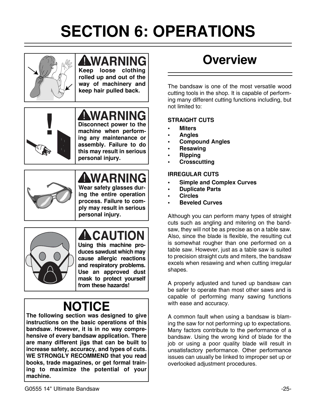 Grizzly G0555 instruction manual Operations, Overview, Miters Angles Compound Angles Resawing Ripping Crosscutting 