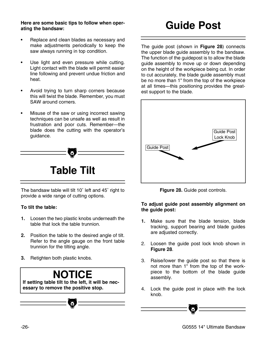 Grizzly G0555 Table Tilt, Guide Post, To tilt the table, To adjust guide post assembly alignment on the guide post 