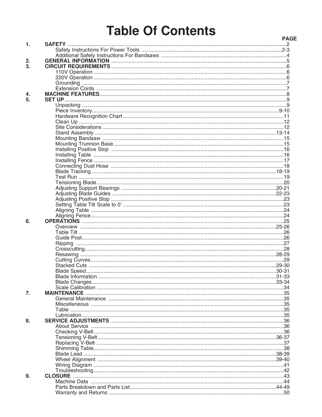 Grizzly G0555 instruction manual Table Of Contents 