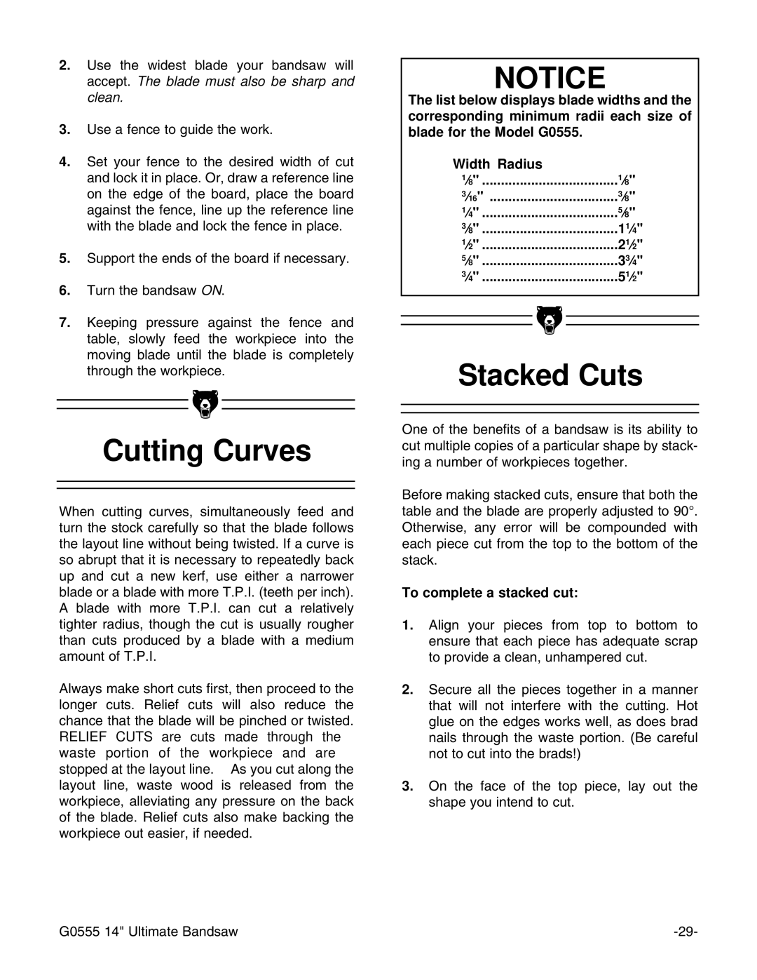 Grizzly G0555 instruction manual Cutting Curves, Stacked Cuts 