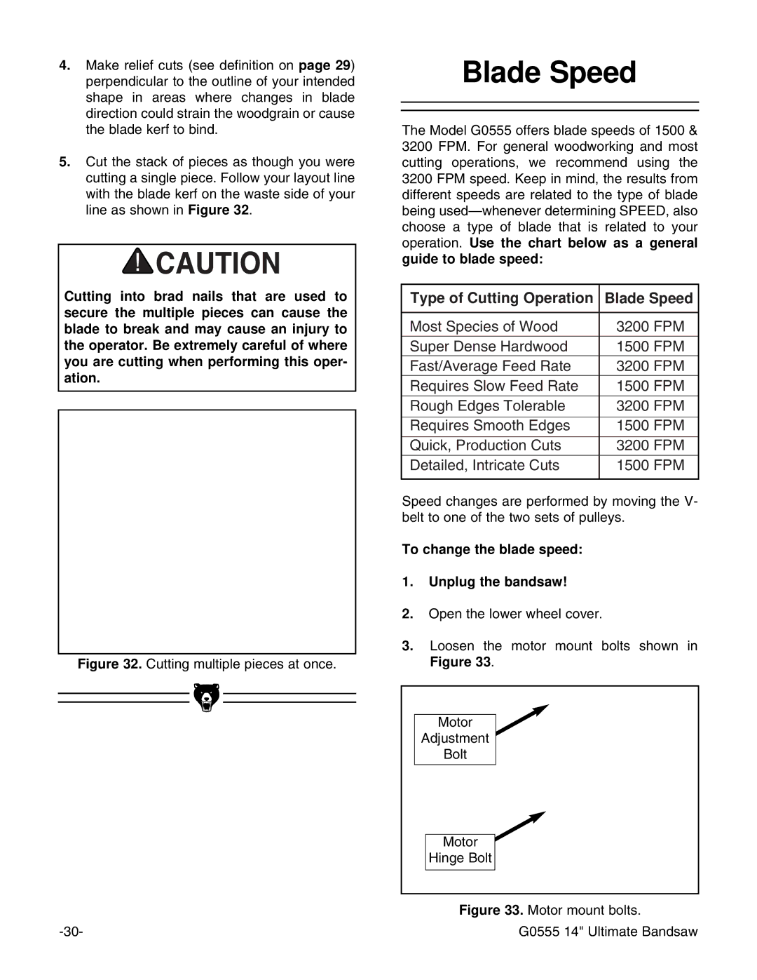 Grizzly G0555 instruction manual Blade Speed, To change the blade speed Unplug the bandsaw 