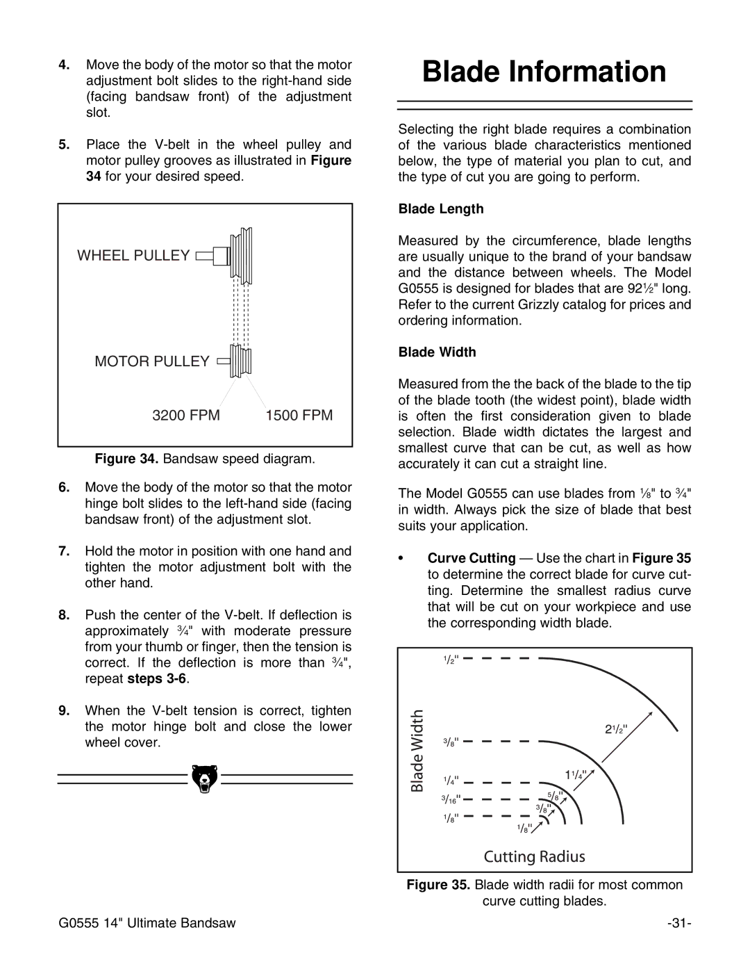 Grizzly G0555 instruction manual Blade Information, Blade Length, Blade Width 