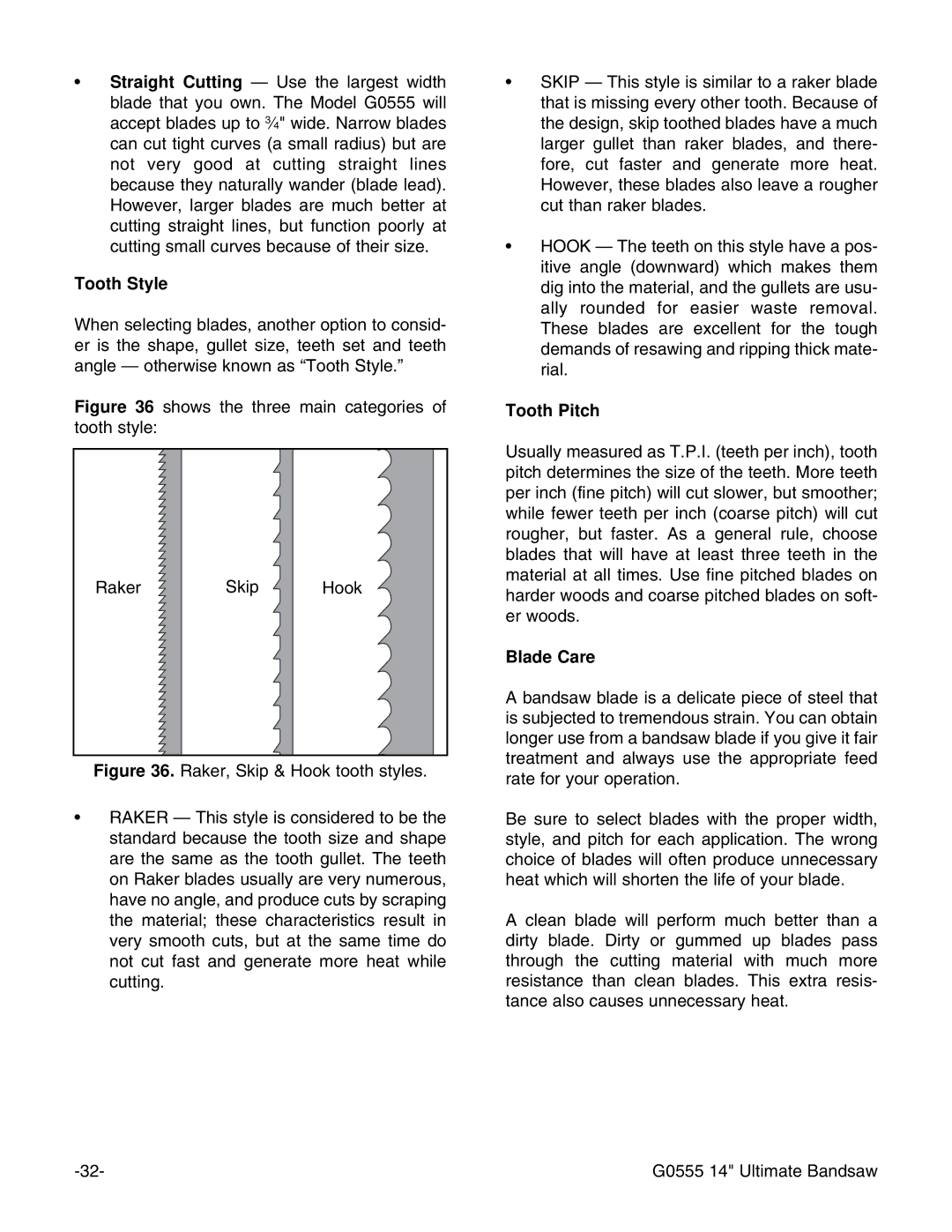 Grizzly G0555 instruction manual Tooth Style, Tooth Pitch, Blade Care 