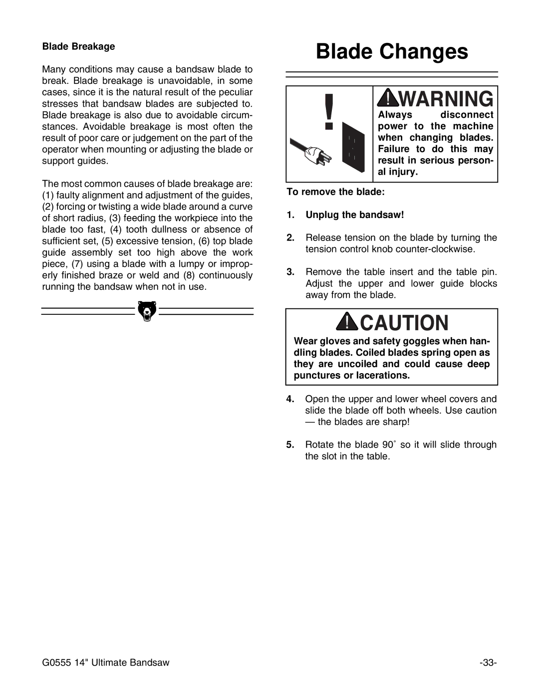 Grizzly G0555 instruction manual Blade Changes, Blade Breakage 