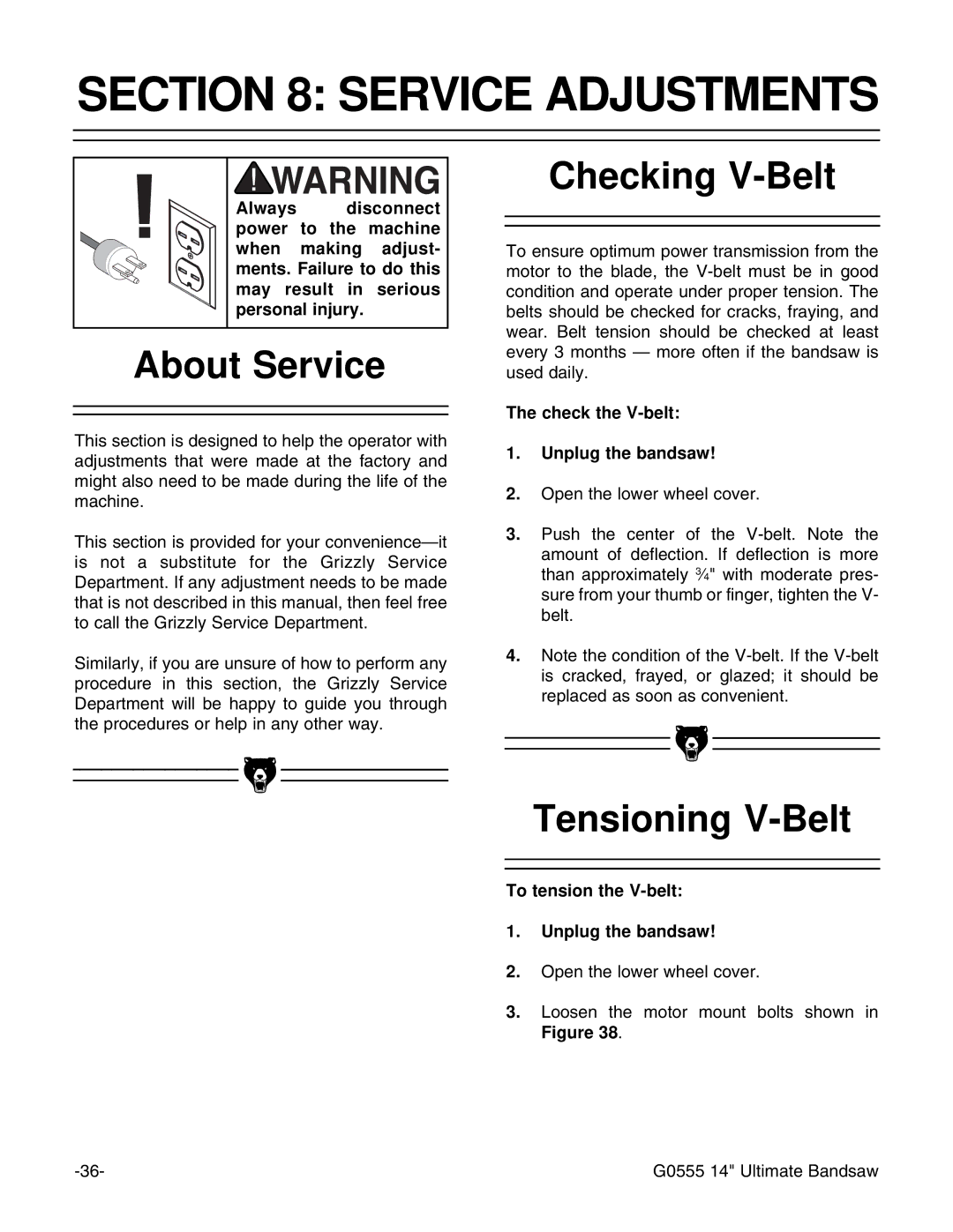 Grizzly G0555 instruction manual Service Adjustments, About Service, Checking V-Belt, Tensioning V-Belt 