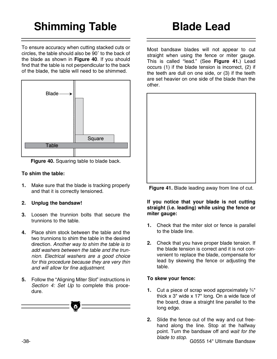 Grizzly G0555 instruction manual Shimming Table Blade Lead, To shim the table, To skew your fence 