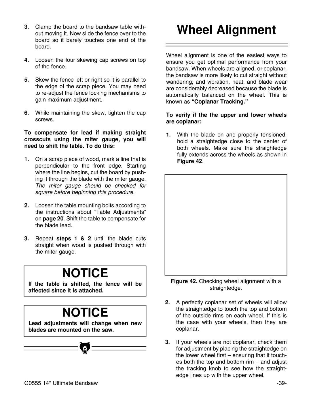 Grizzly G0555 instruction manual Wheel Alignment, To verify if the the upper and lower wheels are coplanar 