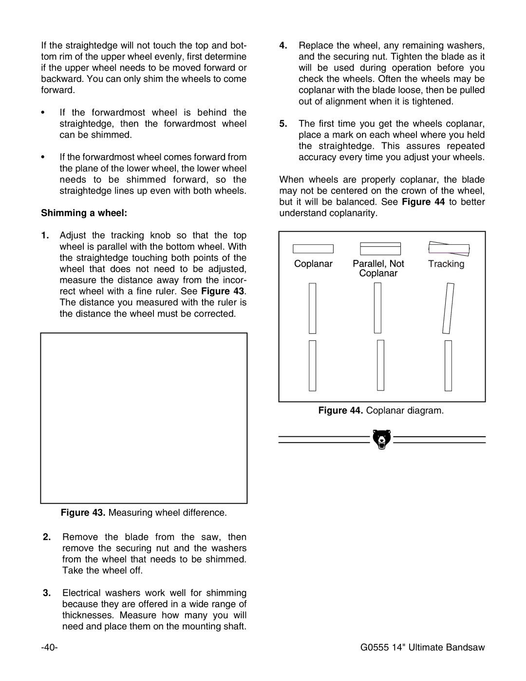 Grizzly instruction manual Shimming a wheel, Coplanar diagram G0555 14 Ultimate Bandsaw 